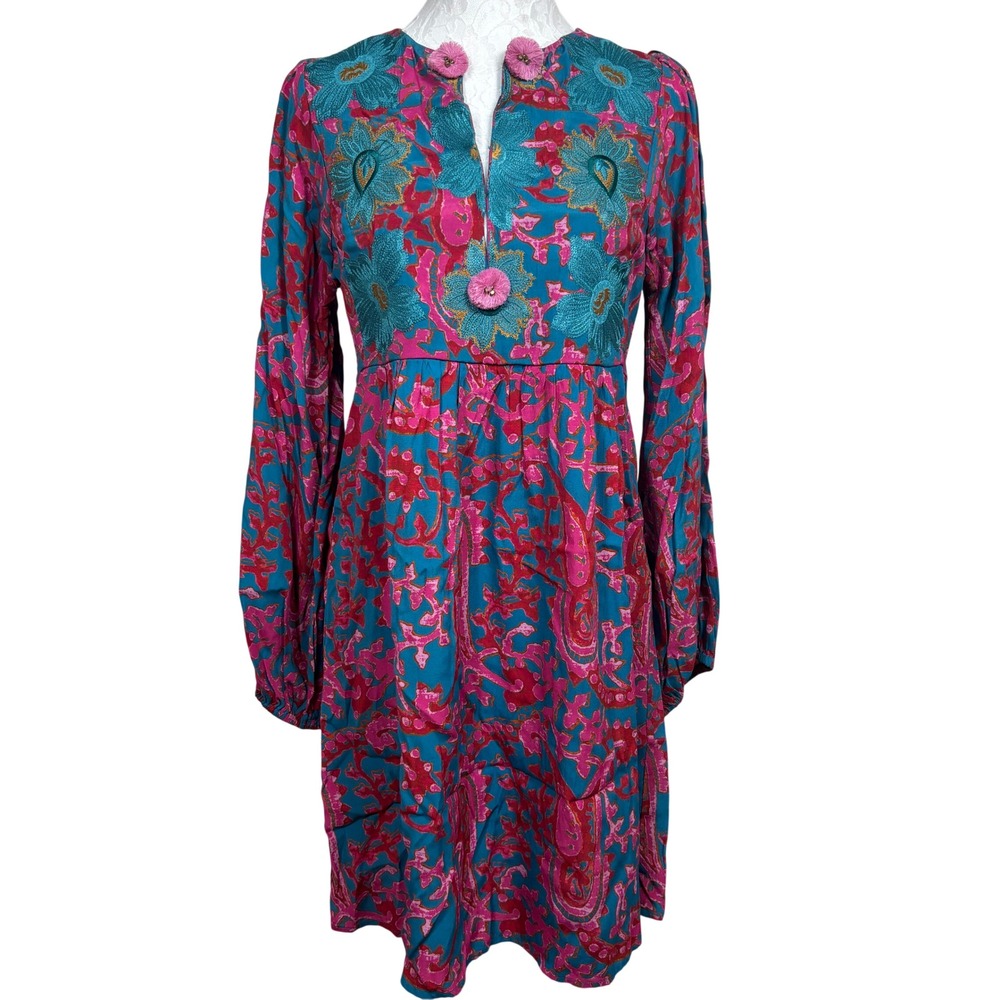 Figue Teal Pink Embroidered Paisley Floral Long Sleeve Boho Mini Dress Womens XS